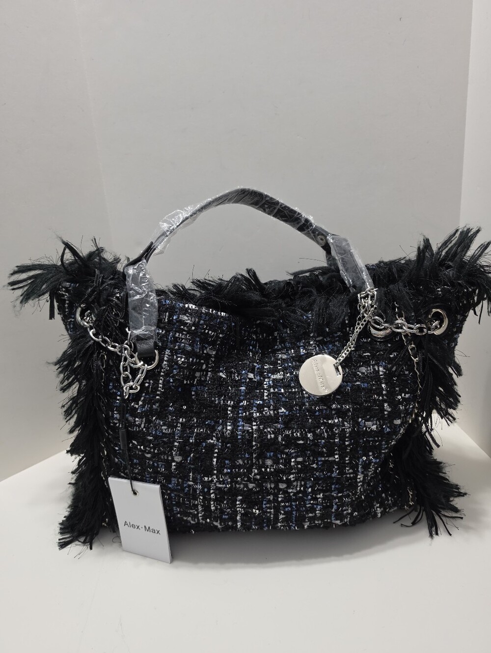 Alex Max Woven Modern Bag Black/Blue Tweed Fringe Tote Style BO1601/A